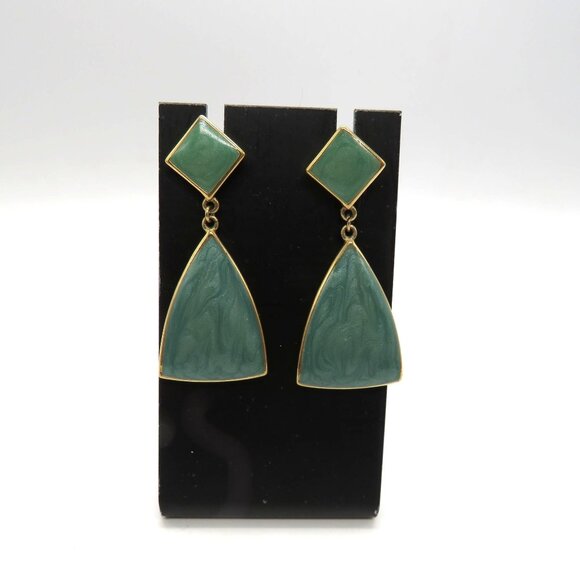 Vintage Trifari Earrings Gold Tone Green Marbled Enamel Triangle Dangle - Picture 10 of 10
